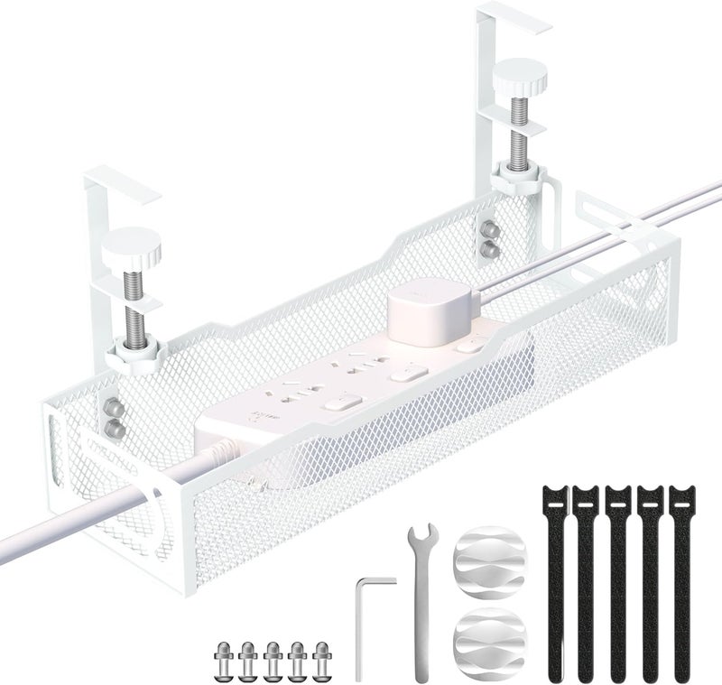 Ucanng Under Desk Cable Management Tray, No Drill Mesh Desk Cable Tray, Wire Management Tray Cable Management Rack, Wire Organizer and Cable Management Box (White) - Image 1